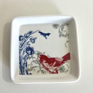Charming Bird Floral Square Trinket Dish Decor Ceramic Red Blue Gray White